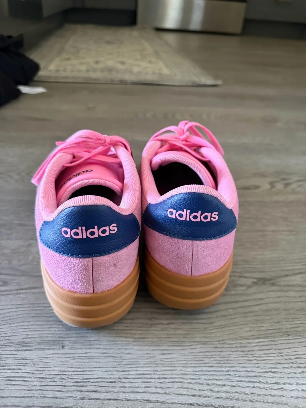 adidas Pink Suede Sneakers with Navy Stripes and Gum Sole